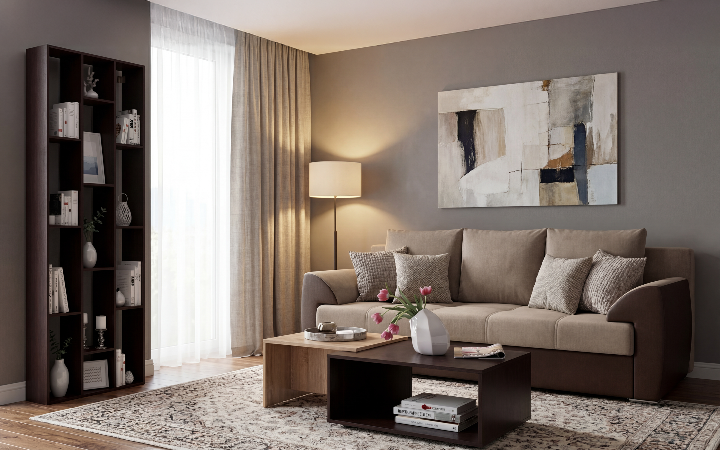 Set living Stefani, bej + piele maro + wenge + stejar sonoma  1